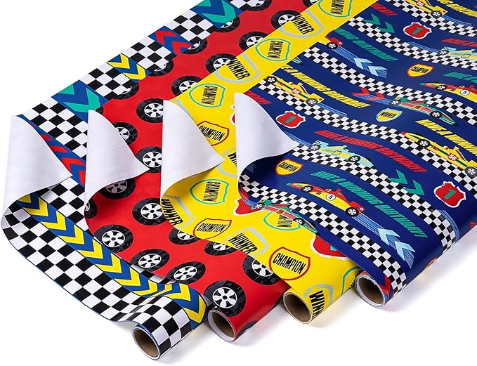 WRAPAHOLIC Birthday Wrapping Paper Roll - Mini Roll - 4 Rolls - 17 Inch X 120 Inch Per Roll - Cool Racing Cars and Autodrome Print for Birthday, Party, Baby Shower Packing