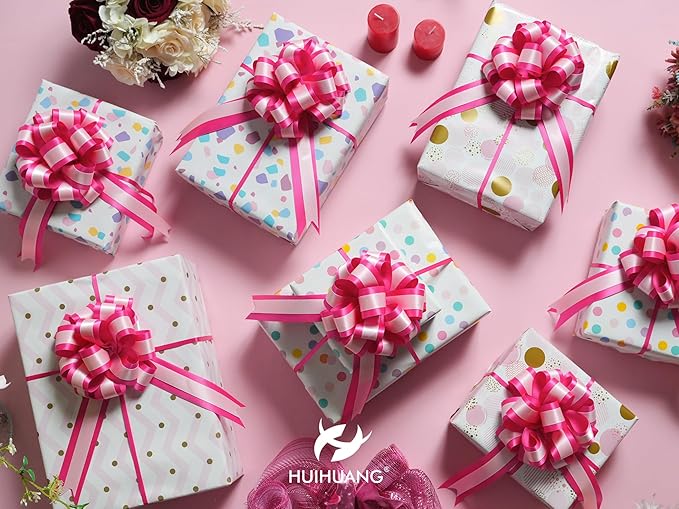 HUIHUANG Pink Pull Bows for Gift Wrapping 12 PCS Light Pink and Hot Pink Double Layer Satin Pull Bows 6" x 10" Gift Bow for Presents, Gift Basket, Birthday, Baby Shower Wedding Party Decor
