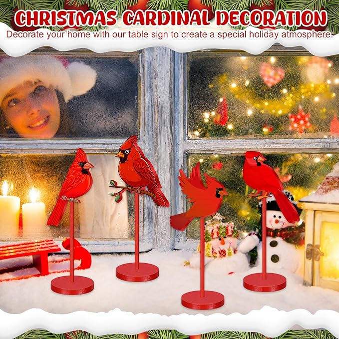 Geelin 10 Pcs Red Cardinal Decor Wooden Red Bird Decor Funeral Memorial Gift Remembrance for Family Friend Cardinal Figurines Ornament Tall Stand Block for Easter Craft Home Table Office Party
