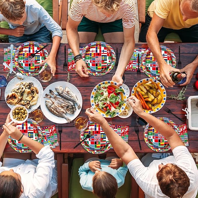 OBUSATT 96 Pcs International World Flags Party Supplies Country Flag Paper Plates Travel Trip Around the Globe and Napkins Forks party decorations for Birthday Baby Shower Serves 24 MG0165