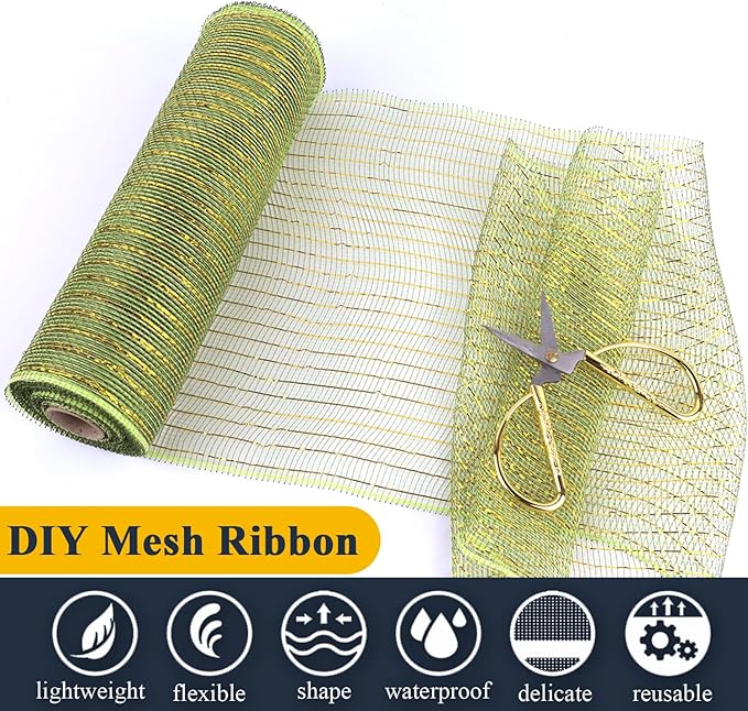 2 Pcs Moss Green Deco Mesh Ribbon Rolls 10 Inch 10 Yards(30 ft) Decorative Mesh Fabric with Foil for Wreaths Christmas Tree Ribbon Door DIY Craft Halloween Decor Wedding Party Supplies (Moss Green)