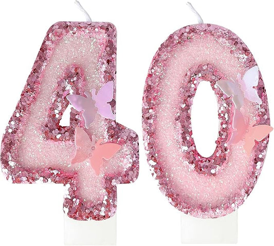 40Th Birthday Candles，Glitter Butterfly Cake Toppers Pink Sequins Wedding Numeral Cupcake Decorations，Suitable for Girl and Boy Wedding Cakes, Party Celebrations, Birthday Decorations (40)