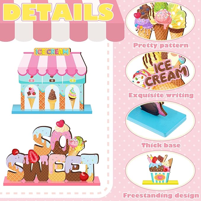 Marsui 12 Pcs Ice Cream Table Wooden Decorations Summer Ice Cream Table Centerpiece Tiered Tray Decor Signs Party Decorations Truck Gnome Home Decor for Summer Birthday Party Supplies