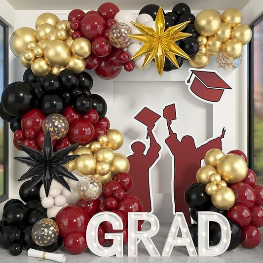 Amandir Burgundy Balloons Garland Arch Kit for Graduation Party Decorations, 145Pcs Maroon Black Gold Confetti Balloons with Foil Star for 2026 Graduation College Congrats Grad Class Birthday Supplies