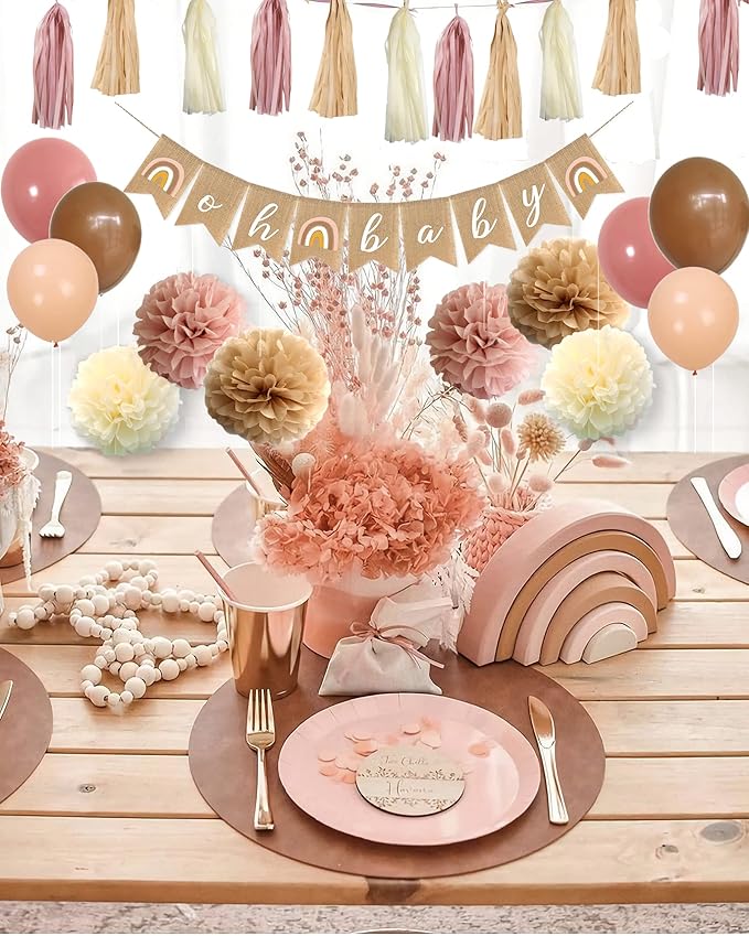 Boho Pink Brown Baby Shower Party Decorations Set - 40-Pack Mauve Blush Pink Tissue Pom Poms Paper Flowers Balloons Tassel Garland Banner Streamers for Baby Shower Backdrop Girl Birthday Nursery Decor