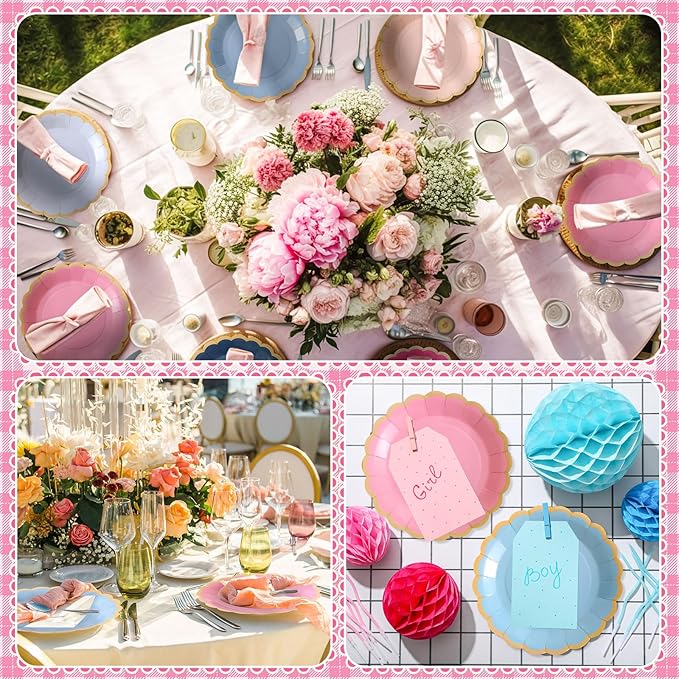 48 Pcs Pink Navy Blue Paper Plates 9 Inch Gradient Scalloped Paper Plates Disposable Dinner Dessert for Dancing Queen Birthday Wedding Bridal Party Supplies, 6 Colors