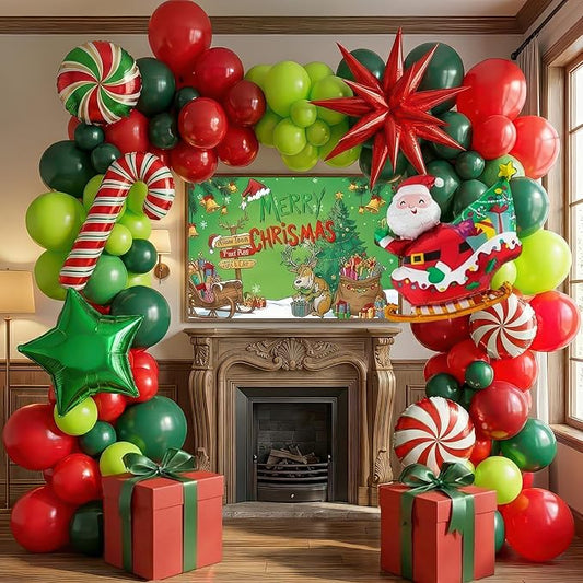 Christmas Balloon Garland Arch Kit with backdrop Xmas Red Green Balloons Candy Cane Santa Claus Star Foil Balloons for Christmas New Year Birthday Party Decorations