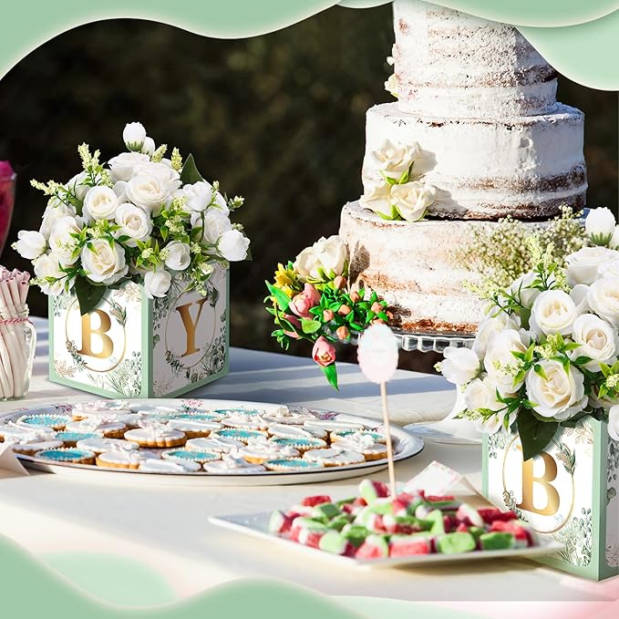 Bucherry 6 Pcs Baby Shower Centerpieces with Letters, 7" Baby Blocks Flower Boxes for Table Decorations, Gender Reveal Party Supplies & Photo Props(Green,Sage Green Leaf)
