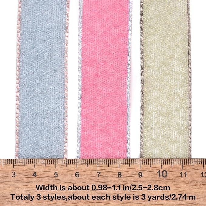 BEEFLYING 3 Styles Wire Edged Ribbons for Gift Wrapping, 25~28mm×2.7m Fabric Ribbons for Wedding Party Decoration Hair Bows Flower Bounquet Sewing and Craft, 9 Yards