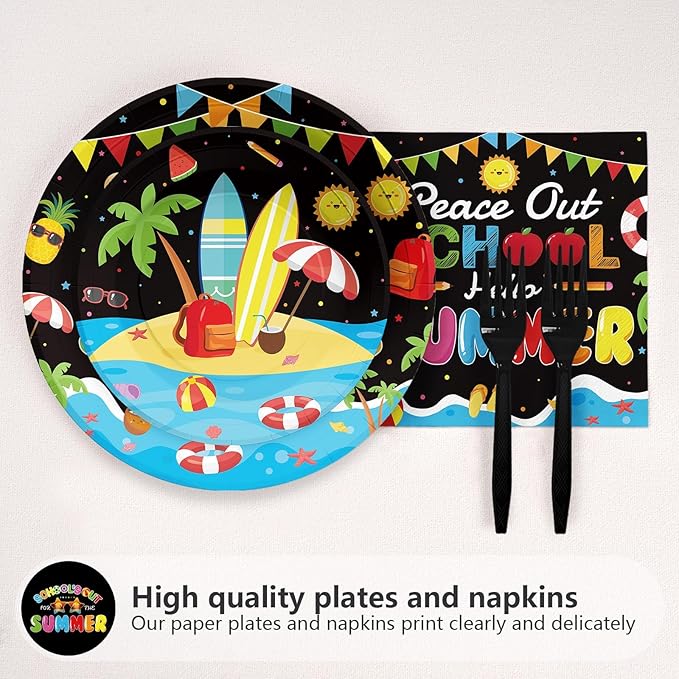 96 Pcs School's Out for The Summer Decorations Peace Out School Hello Summer Plates and Napkins End Of The School Year Tableware Set for Kids Class Of 2026 Preschool Graduation Party Supplies Serve 24