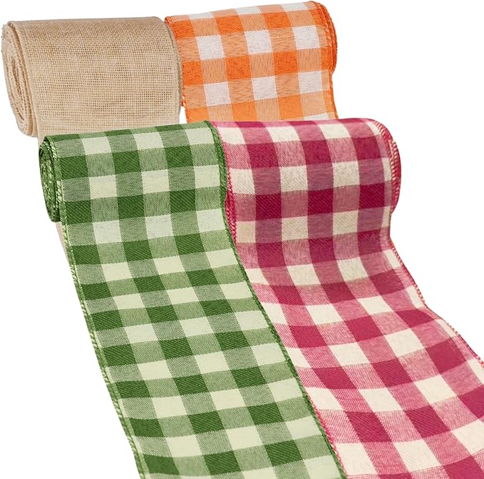 Meseey 4 Inch Fall Burlap Wired Ribbon Set, 4 Rolls Total 20 Yards Natural Burlap & Orange/Green/Red White Buffalo Plaid Ribbons for Large Wreaths, Big Bows, Gift Wrapping