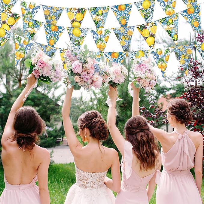 5 Pieces Blue Tiles Lemon Decor Lemon Bunting Banners Blue Tiles Paper Pennant Garlands Lemonade Hanging Triangle Flags for Wedding Birthday Bridal Shower Bachelorette Party Decorations