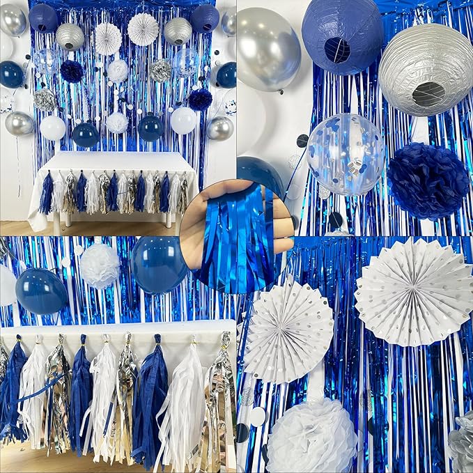 Navy Blue White Silver Party Decorations,46pcs Kit Balloon Paper Pompom Tassel Garland Men Blue and Silver Graduation Decorations Wedding Baby Bridal Shower Birthday Decor