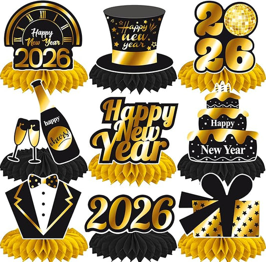 Happy New Year Honeycomb Centerpieces 2026 New Years Eve Party Decorations 12PCS New Years Decor Hello 2026 Table Centerpieces for Cheers to 2026 Celebration Supplies