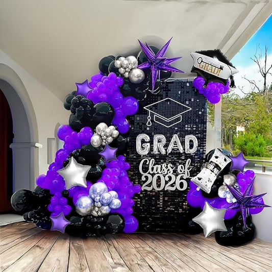 Black dark purple and Silver Balloon Garland Arch Kit 130Pcs with dark purple and Silver Stars, Graduation Certificate Graduation Cap GRAD Letters Mylar Balloons for 2025 kpop Prom Decorations