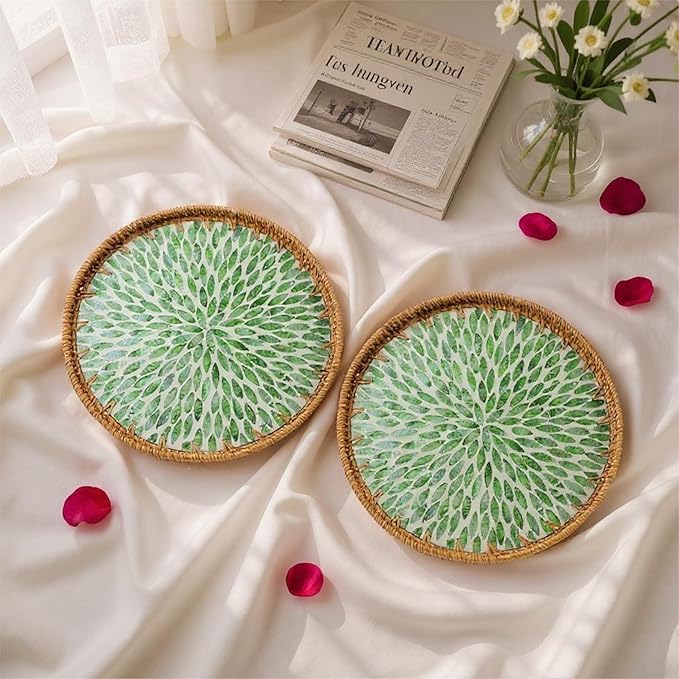 Round Rattan Tray with Mother of Pearl Inlay, Handwoven Wicker Coffee Table Serving Basket Tray for Fruit Snack Party Picnic Cafe Bedroom Kitchen Home Decor Set of 2 (Green Leaves)