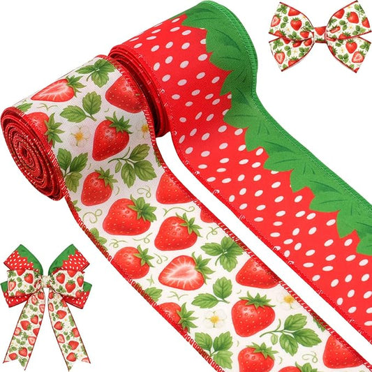 Strawberry Wired Edge Burlap Ribbons 2 Pack - 2.5 Inch Spring Theme Ribbon Set, 5 Yards Each for Wreaths Crafts Decorations Gift Wrapping
