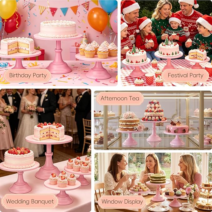 3 Pcs Metal Cake Stand, Cake Pop Stand Set of Disc Diameter 8" 10" 12", Tall Cake Stands for Dessert Table, Perfect Display for Wedding, Graduation Party, Birthday, Baby Shower, Decorations (Pink)