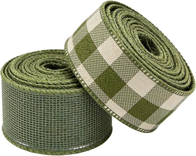 Meseey 1.5 Inch Green Burlap Wired Ribbon Set, 2 Rolls Total 10 Yards Solid Sage Green & Green White Buffalo Check Wired Edge Ribbons for Gift Wrapping, Wreaths, Crafts, Farmhouse Home Decorations