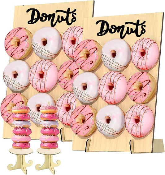 Donut Wall Display Stand 2PCS Donut Board Display with 2PCS Donut Tower Stand, Wooden Donut Holder Stand for Baby Shower Party Wedding Birthday