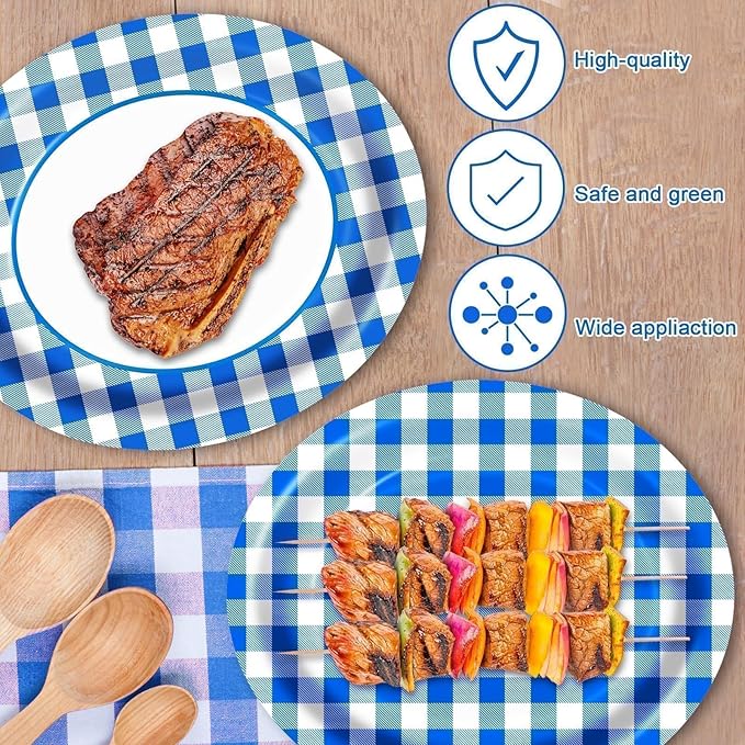 Blue Gingham Oval Paper Plates 10" x 12",Large Disposable Heavy Duty Paper Plates Blue and White Buffalo Checked Plaid for Birthday Wedding Bridal Baby Shower Tea Party Supplies,50 Guests