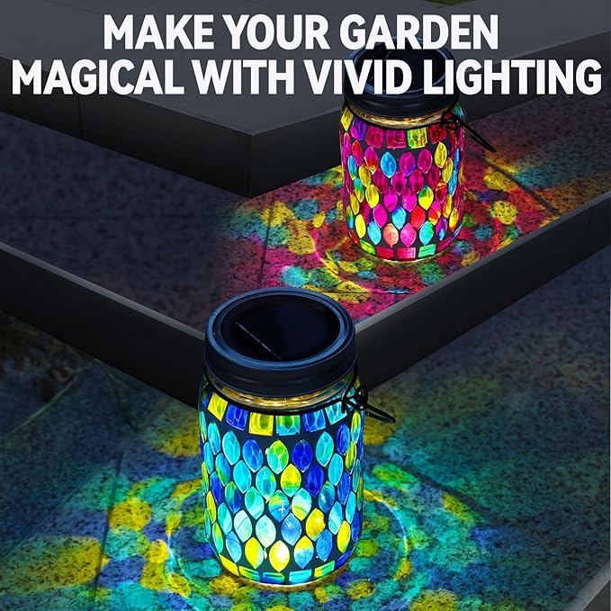 VOREEN Solar Powered Mosaic Mason Jar Lights, Colorful Stained Glass Lanterns for Outdoor Garden Decor, 2 Pack
