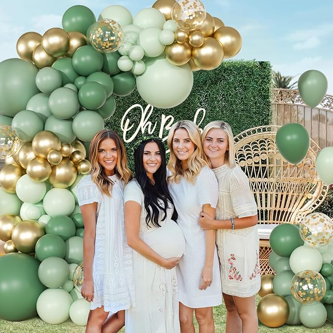 147pcs Sage Balloon Garland Arch Kit, Green Olive Pastel Metallic Confetti Gold for Birthdays, Safaris, Weddings, Baby Showers