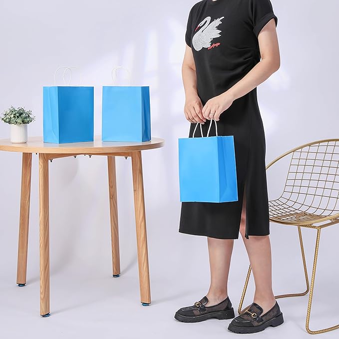 SUNCOLOR 25 Pack Blue Gift Bags with Handles, 8x4.5x10 Inch Medium Kraft Paper Bags for Shopping, Party Favors, Baby Showers, Retail