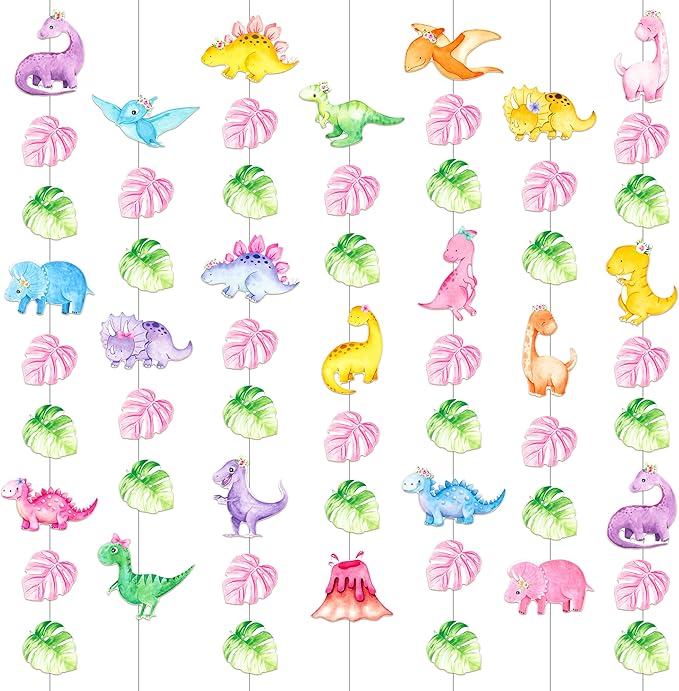 8pcs Dinosaur Theme Party Hanging Garlands Pink Dinosaur Birthday Party Ceiling Garland Decorations for Girls Dino Theme Birthday Baby Shower Supplies