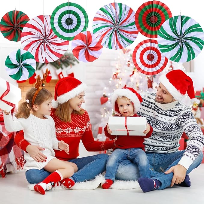 Christmas Hanging Honeycomb Round Colorful Candy Paper Fans Decoration Winter Theme Tissue Paper Fan Garland for Shower Birthday Graduation Wedding Party Supplies 9 Count