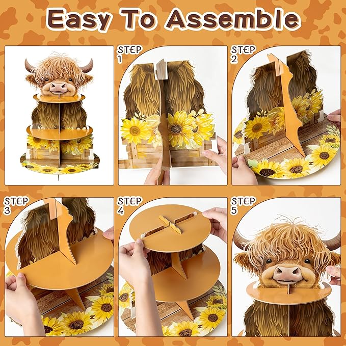 3 Tiers Highland Cow Cupcake Stand Baby Highland Cow Birthday Party Cardboard Cupcake Holder Decorations Sunflower Party Dessert Tower Animals Party Supplies for Kids Highland Cow Themed Baby Shower