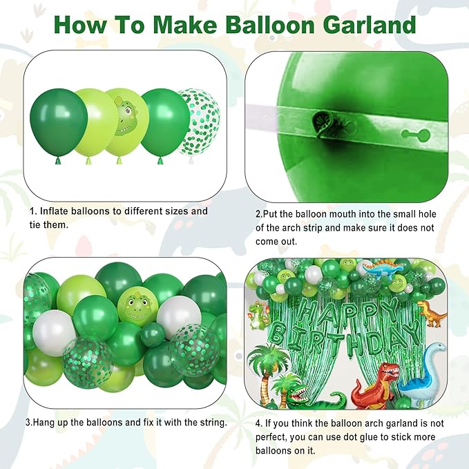 Dinosaur Birthday Party Decorations Supplies, 123Pcs Dinosaur Dark Lime Green White Balloons Garland Arch Kit Happy Birthday Dino Foil Balloon Curtain for Kids Boys Dino Jungle Safari Baby Shower