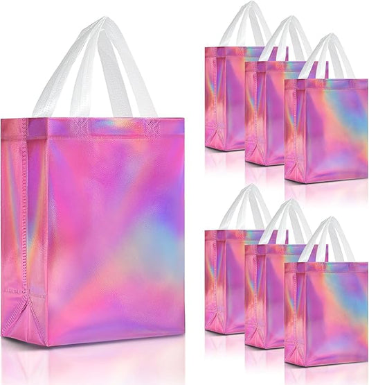 Nush Nush Pink Iridescent Gift Bags Bulk Medium Size – Set of 30 Reusable Holographic Pink Gift Bags Bulk With Handles - For Small Business, Bridal Shower, Birthday Party Favor, Christmas – 8x4x10