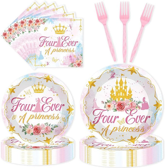 Princess Birthday Party Decorations, 96 Pcs Four Ever a Princess Plates and Napkins Forks Tableware Set, Girls 4th Birthday Party Supplies Disposable Plates Set for 24
