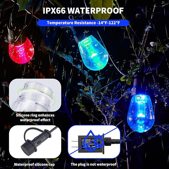 CAWWS Outdoor String Lights 27FT, Outdoor Lights for Patio with 10 Dimmable RGBW LED Bulbs, IP66 Waterproof Shatterproof, with APP Control & Remote, 24V Adapter Color Change,for Backyard Décor