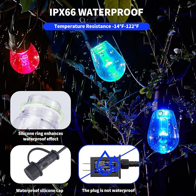 CAWWS Outdoor String Lights 50FT, Outdoor Lights for Patio with 20 Dimmable RGBW LED Bulbs, IP66 Waterproof Shatterproof, with APP Control & Remote, 24V Adapter Color Change,for Backyard Décor