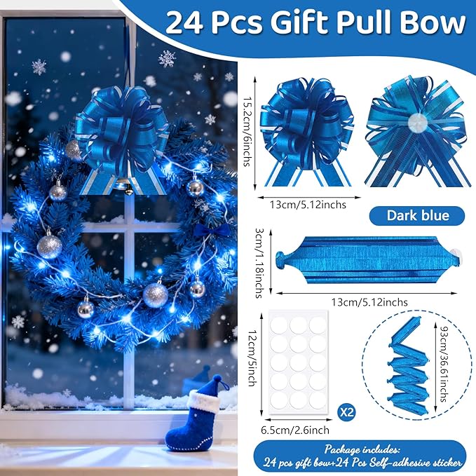 24pcs Royal Blue Pull Bow for Gift Basket Wrapping Xmas Gift Bows Presents Adhesive Wrap Ribbon Bow for Christmas Tree Ornament Wine Bottles Bouquet Flower Valentine's Day Party Decor (Dark Blue-G)