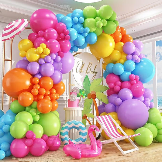 412pcs Summer Tropical Balloon Arch Garland Kit Different Sizes 18 12 10 5inch Rainbow Hot Pink Green Orange Blue Purple Balloons for Hawaiian Luau Aloha Baby Shower Birthday Party Decorations