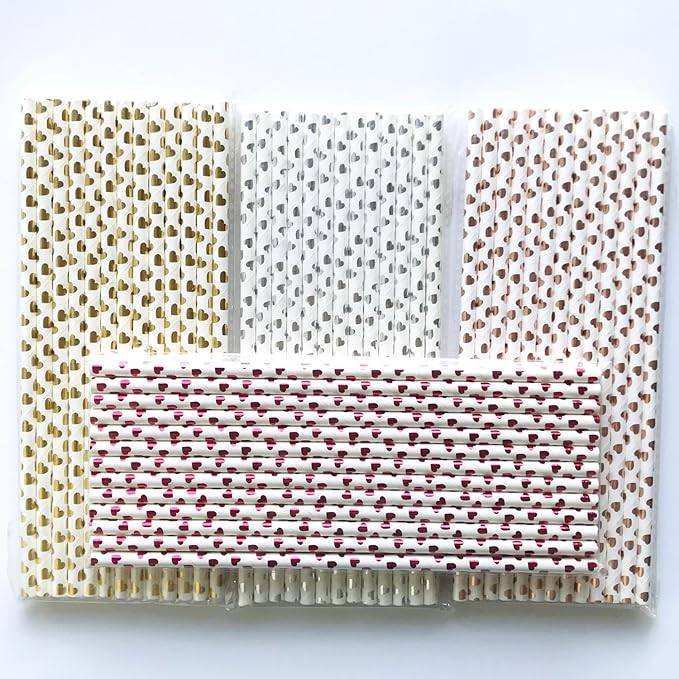 100 pcs Mixed Glitter Colorful Party Paper Straws, Metallic Rose Gold Golden Silver Red Foil Heart Drinking Straws, Valentine Anniversary Wedding Valentine's Day Cake Pop Sticks (Metallic Heart)