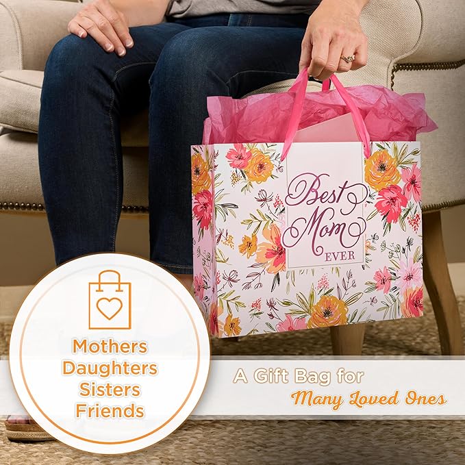 Christian Art Gifts Three Piece Landscape Gift Bag w/Card & Tissue Paper Set for Mothers - Best Mom Ever & The Lord Delights in You - Isaiah 62:4, White, Orange & Pink Multi-Floral Arrangement, Large