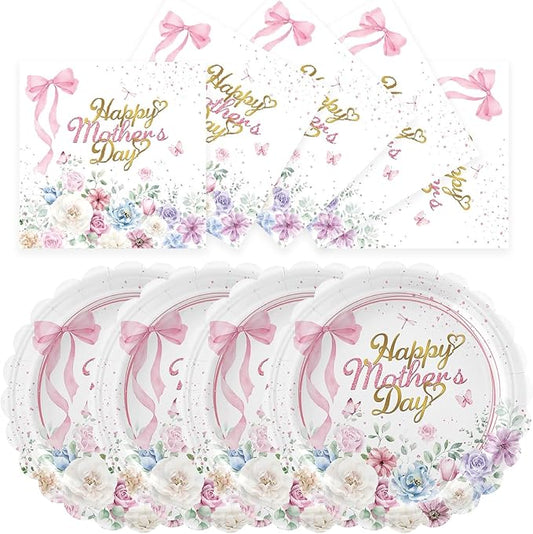 48 PCS Happy Mother's Day Paper Plates and Napkins Mothers Day Party Supplies Disposable Plates Napkins Tableware Set for Floral Theme Best Mom Mothers Birthday Party Family Dinner Table Decorations