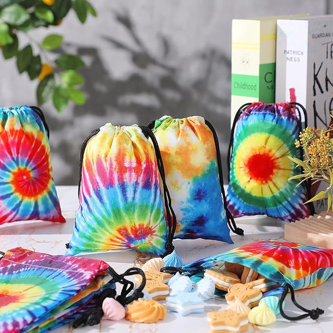 24 Pcs 7x5 Inch Tie Dye Drawstring Bags Tie Dye Goodie Bags Reusable Polyester Colorful Treat Candy Pouches for Summer Birthday Party Supplies