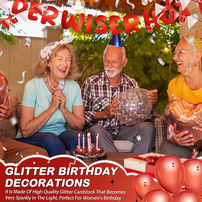 Fulmoon Set of 3 Pre Strung Older Wiser Hotter Glitter Banner Funny Birthday Banner for Women 30th 40th 50th 60th 70th 80th Birthday Party Decorations Sign Gift(Bright Red)