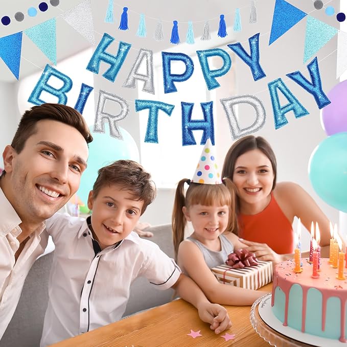 Mindsoft 5 Pcs Pre-Strung Blue and Silver Happy Birthday Banner Set, Felt Glitter Happy Birthday Garland with Ball Garland, Pennant Flags and Tassels, Birthdays Party Decorations for Kids and Adults