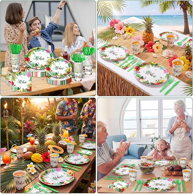 Pajean 350 Pcs Hawaiian Party Decorations 12 in Disposable Oval Tropical Luau Plates and Napkins Palm Leaf Aloha Heavy Duty Paper Tableware Set for 50 Guests Summer Pool and Beach Party Supplies