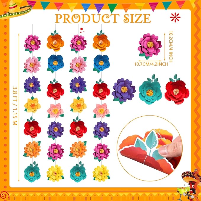 Spakon 8 Pcs Mexican Paper Flower Decorations Mexican Fiesta Garlands Cinco de Mayo Flat Floral Hanging Banner Cutouts for Birthday Decorations Baby Shower Cinco De Mayo Party Decor