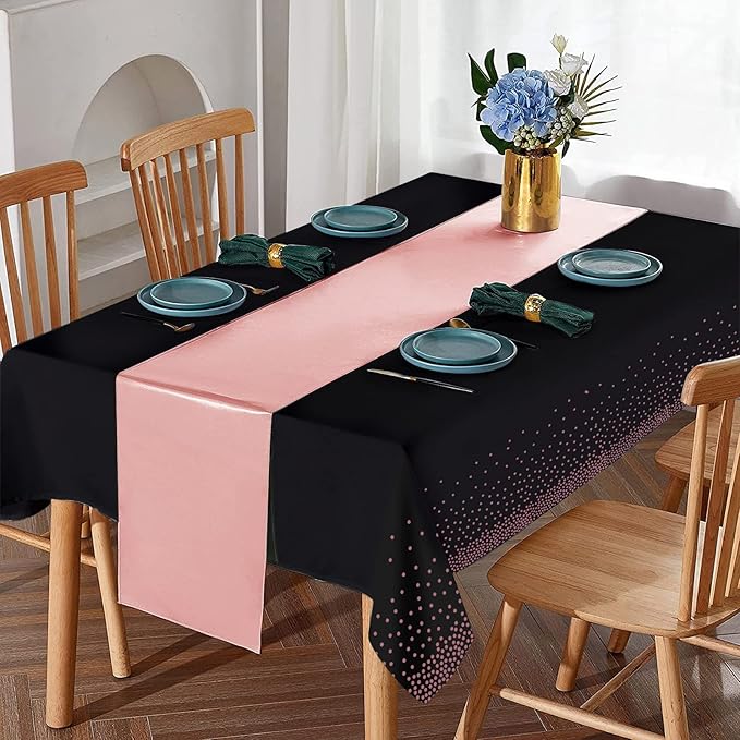 16Pack Disposable Plastic Tablecloths and Satin Table Runner Set Black and Rose Gold Dot Tablecloth Gold Satin Table Runner for Wedding Birthday Baby Shower Anniversary Christmas New Year Party Supply