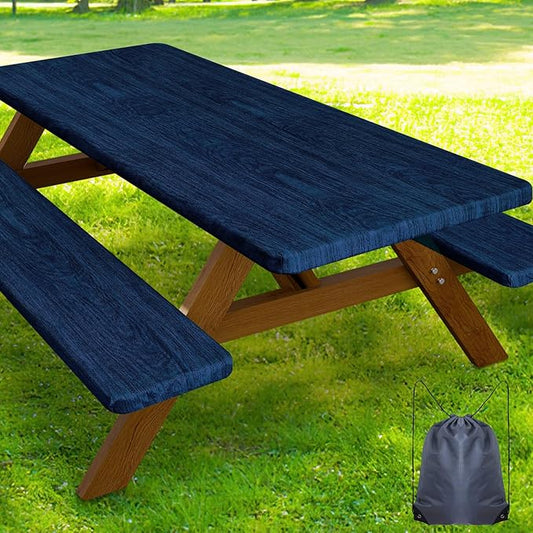 Smiry Picnic Table Cover with Bench Covers, Waterproof Elastic Fitted Tablecloth for 6 Foot Tables, Washable Polyester Tablecloths for Camping, Indoor & Outdoor (Navy & Black, 30x72 Inch 3-pc Set)