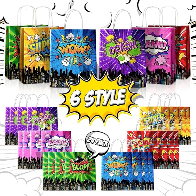 24 Pcs Hero Party Favor Bags with Handles - Hero Goodie Bags, Gift Bags. Comic Hero Theme Candy Bags for Kids, Kraft Paper Bags for Birthday Party Supplies and Baby Shower Decorations.
