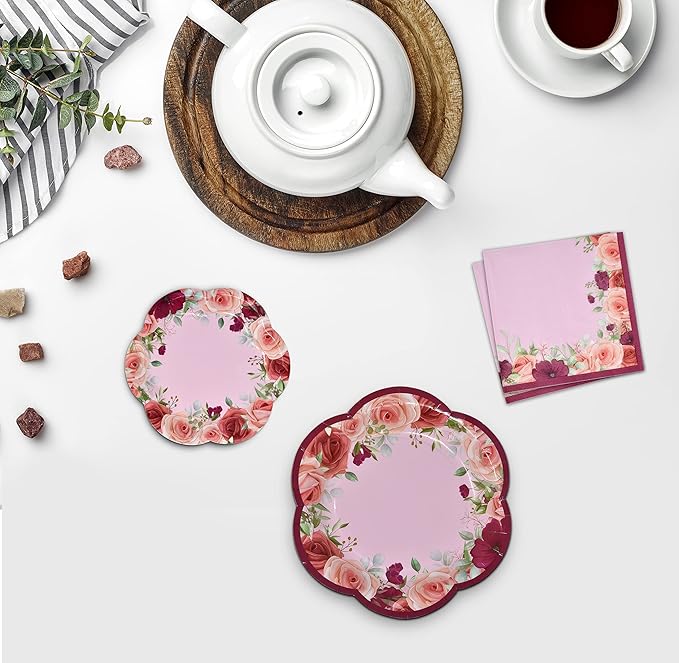96 Pcs Floral Tea Party Supplies for 24 Disposable Tea Party Cups with Handle 7??5??Floral Paper Plates Paper Napkins for Birthday Bridal Shower